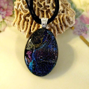 Handmade Dichroic Jewelry Mosaic Style Fused Glass Pendant.